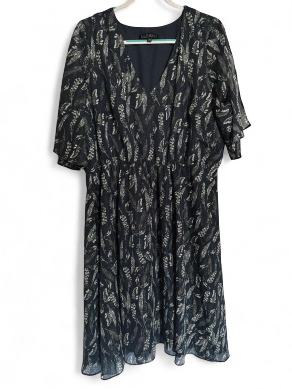 Eloquii Navy Blue Metallic Silver Feather Print V-Neck Dress Size 18